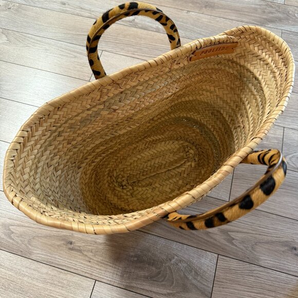 POOLSIDE Woven Beach Bag with Leather Cheetah Print Handle - Picture 3 of 7